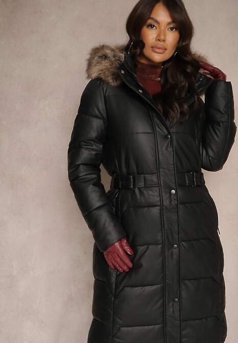 Czarno-Brązowa Kurtka z Pikowanymi Przeszyciami i Kapturem z Futrem z Możliwością Odpięcia Innaia