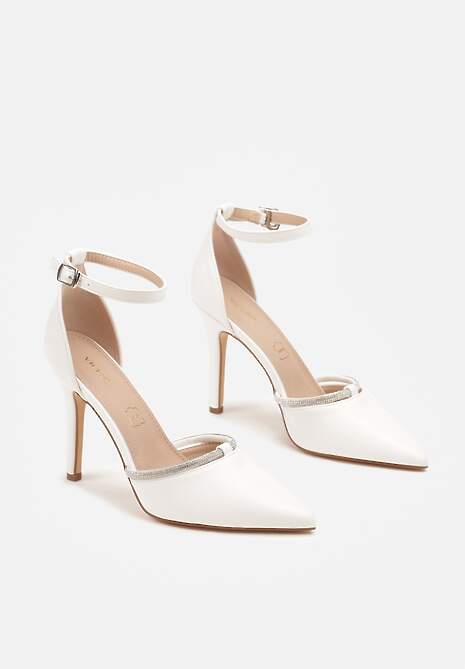 Białe Szpilki Vices z Wkładką ze Skóry Naturalnej i Ozdobnym Cyrkoniowym Paskiem Lizzeth