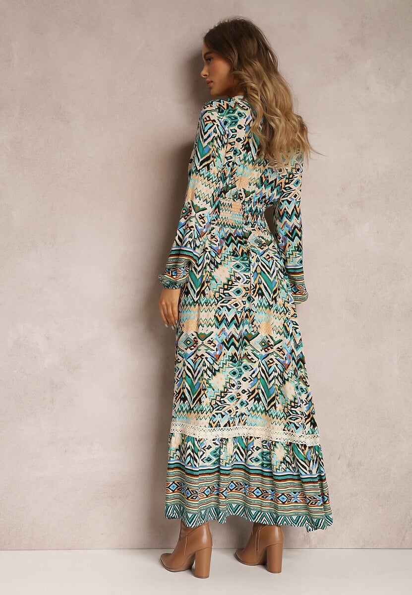 Zielona Sukienka z Gumką w Talii w Etno Wzór Kapha