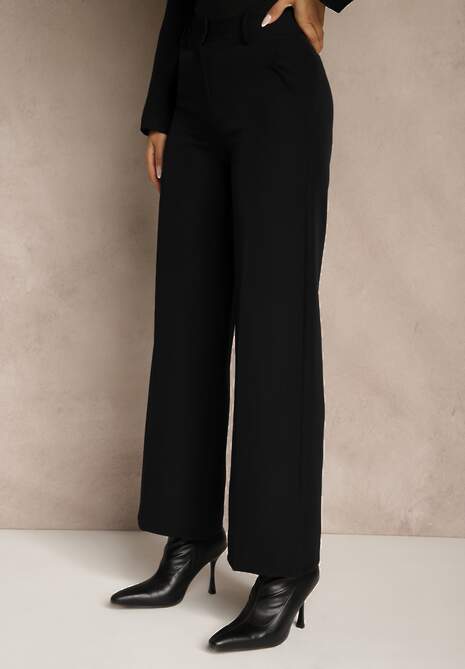 Czarny Komplet Garniturowy z Wiskozą Spodnie Wide Leg i Marynarka na Guzik Tevrina