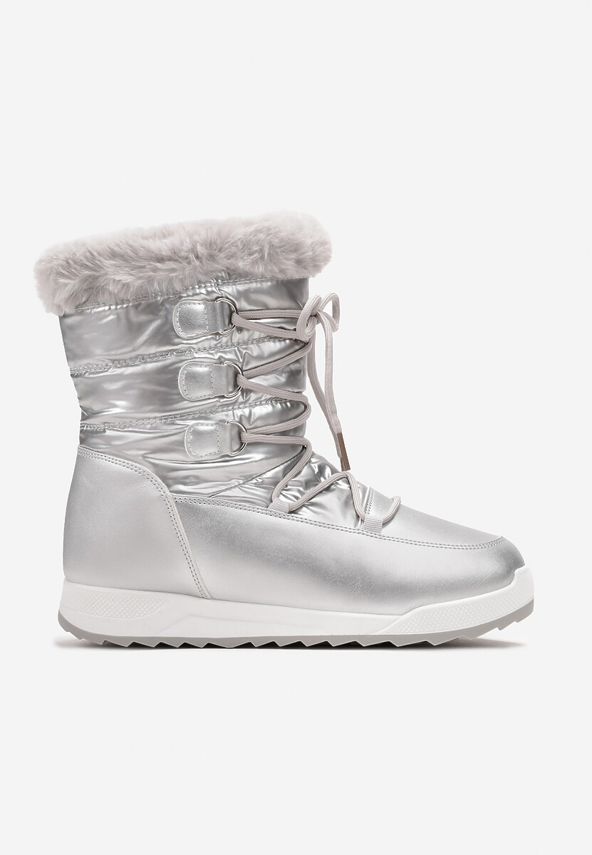 Srebrne Sznurowane Śniegowce z Ozdobnym Futerkiem Betmiga