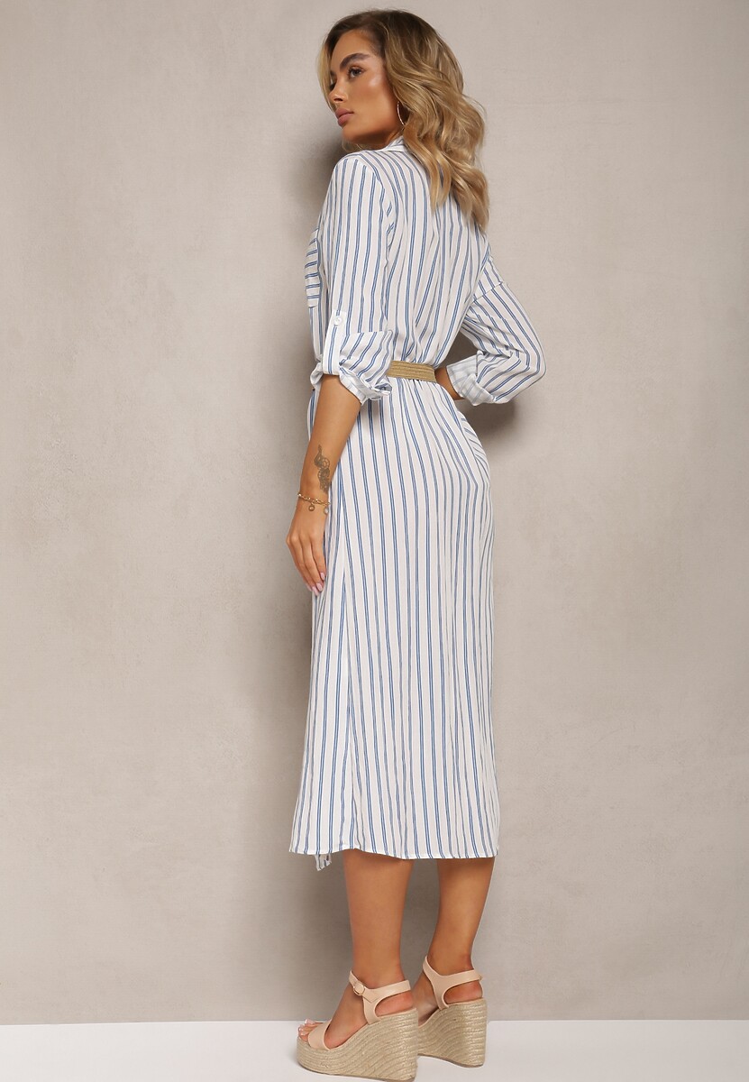 Biało-Niebieska Koszulowa Sukienka Midi w Paski z Lnem i Plecionym Paskiem Efordia