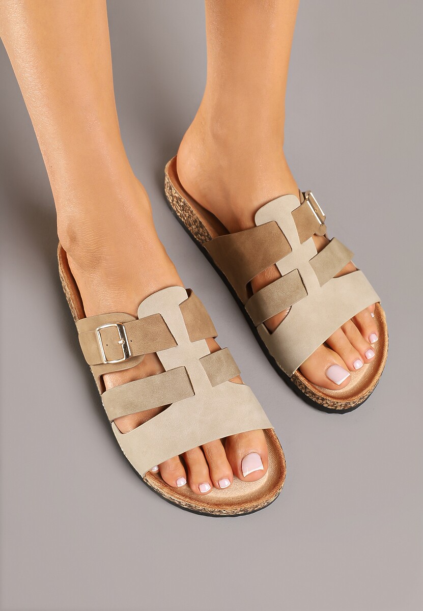 Beżowe Klapki z Ozdobnymi Paskami ze Sprzączką Derice