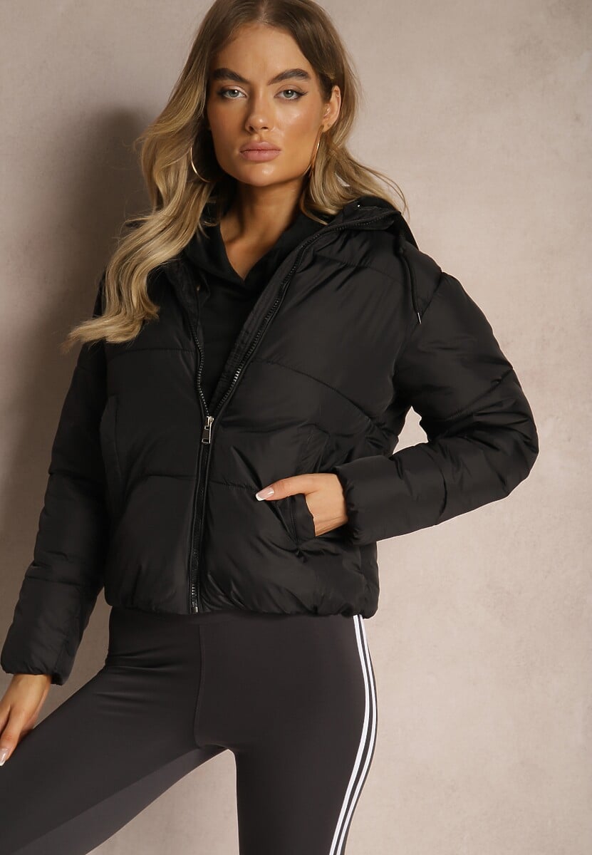 Ciemnobeżowa Kurtka Pikowana Wykończona Kapturem Aviatoria