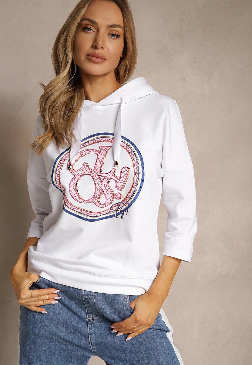 Biała Bluza z Kapturem Ozdobnym Nadrukiem i Rękawami 3/4 Saniressa