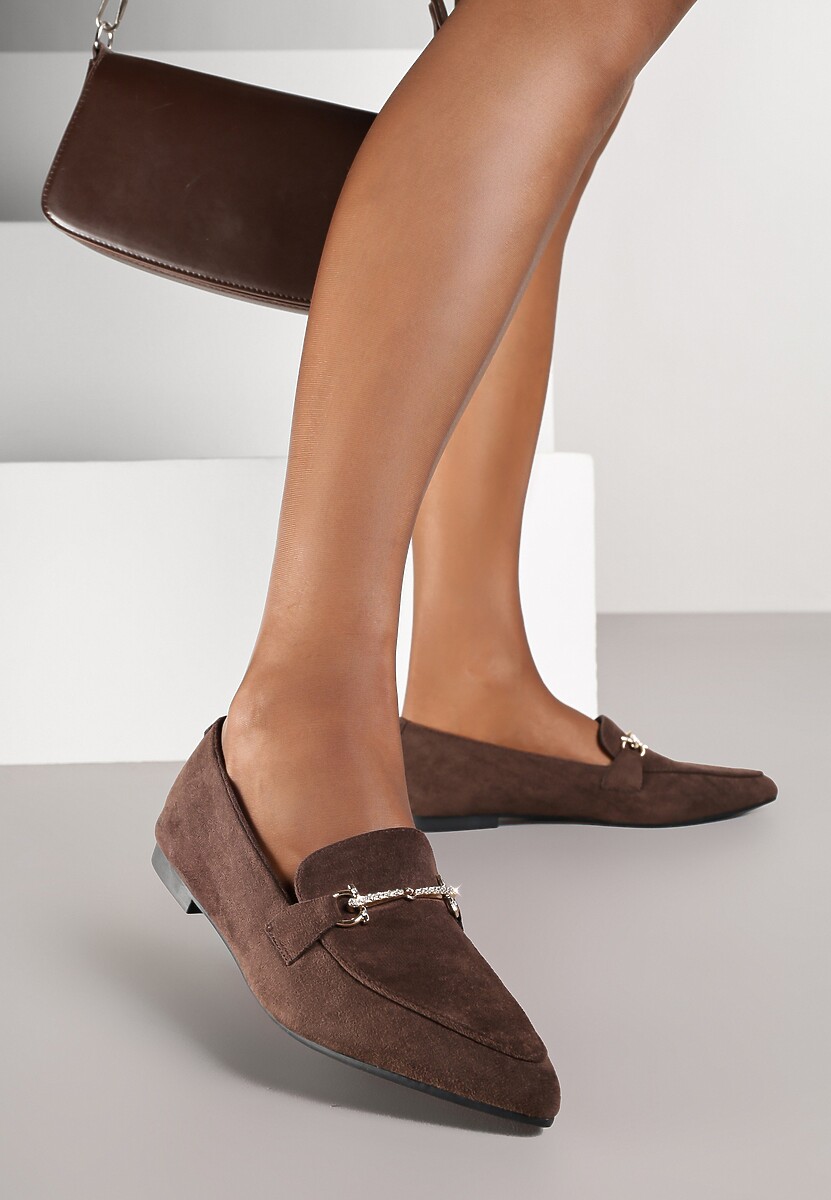 Brązowe Mokasyny Vices ze Szpiczastym Noskiem Zdobione Aplikacją Rilosia