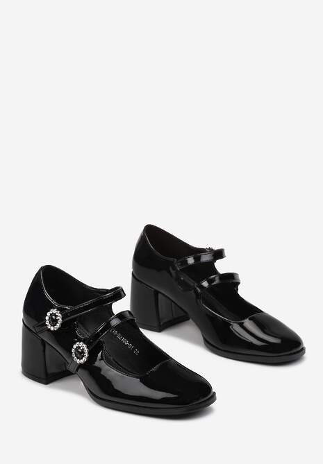 Czarne Lakierowane Czółenka na Słupku z Paskami i Klamerkami w Cyrkonie Nadiam