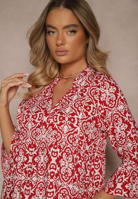Czerwona Rozkloszowna Sukienka z Bawełny w Ornamentalny Wzór z Falbaną Lanariella