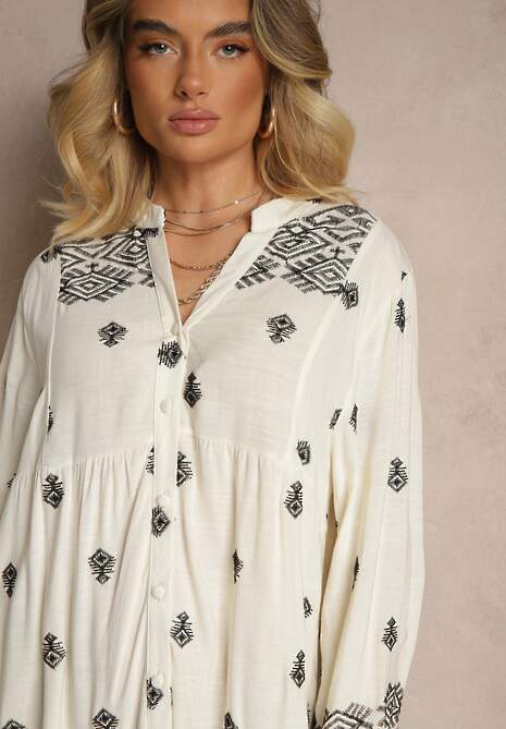 Biało-Czarna Rozkloszowana Sukienka Ozdobiona Haftem i Wzorem Boho Ronavere