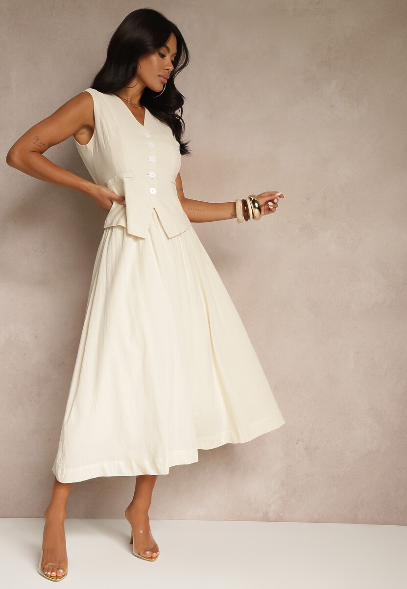 Beżowy Komplet z Bawełny Spódnica o Rozkloszowanym Kroju i Kamizelka Hallurea