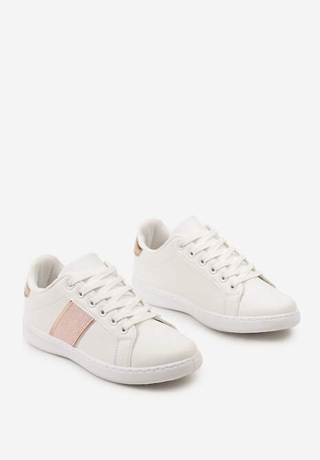 Biało-Różowe Sneakersy Sznurowane Ozdobione Brokatem Vistasta