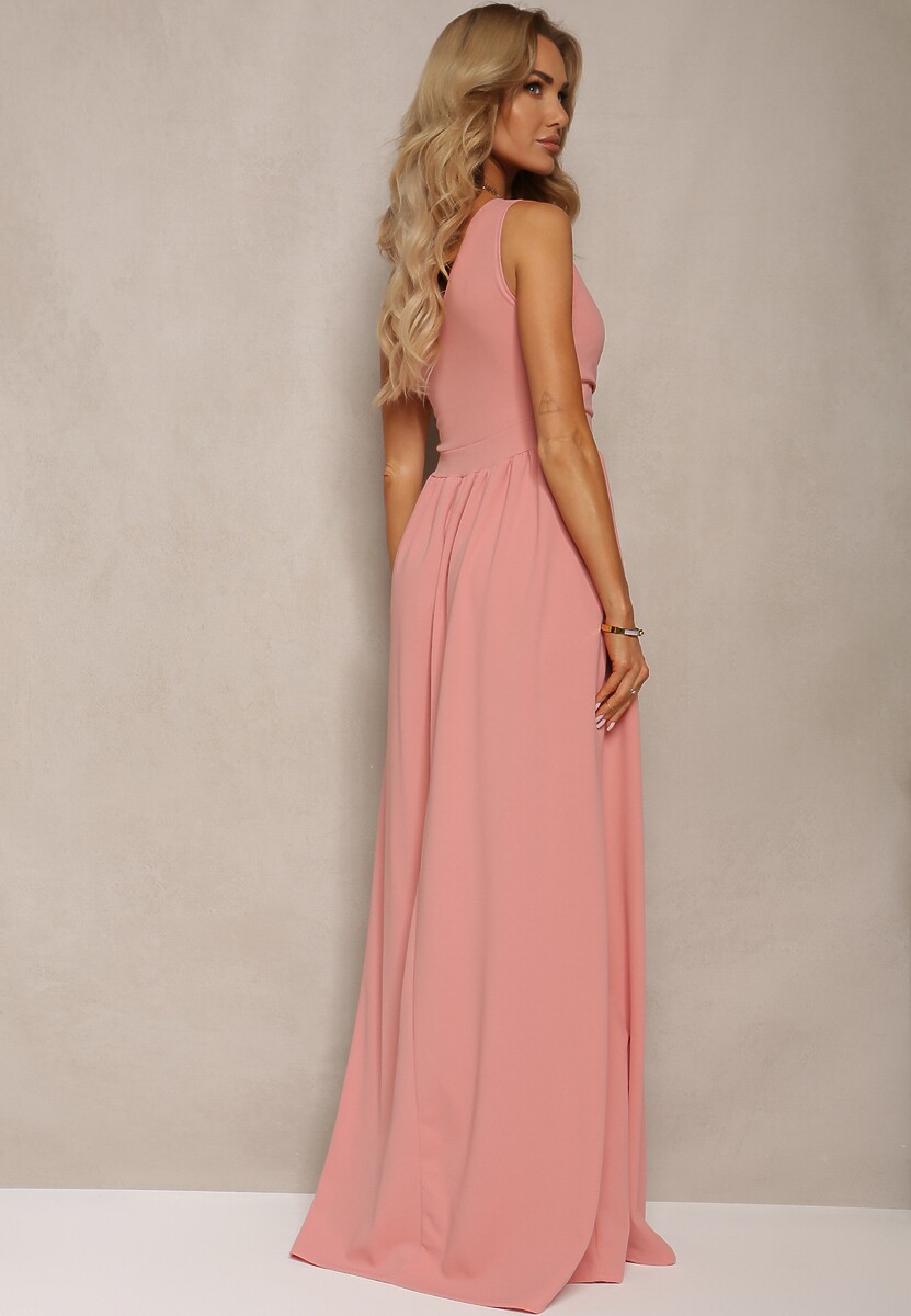 Różowa Asymetryczna Koktajlowa Sukienka o Długim Rozkloszowanym Kroju Erulia