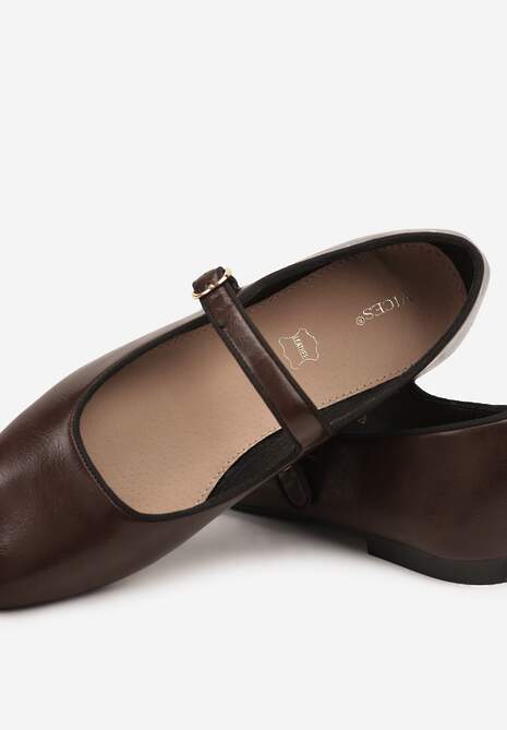 Brązowe Balerinki Vices z Wkładką ze Skóry Naturalnej Ozdobione Paskiem Patantie