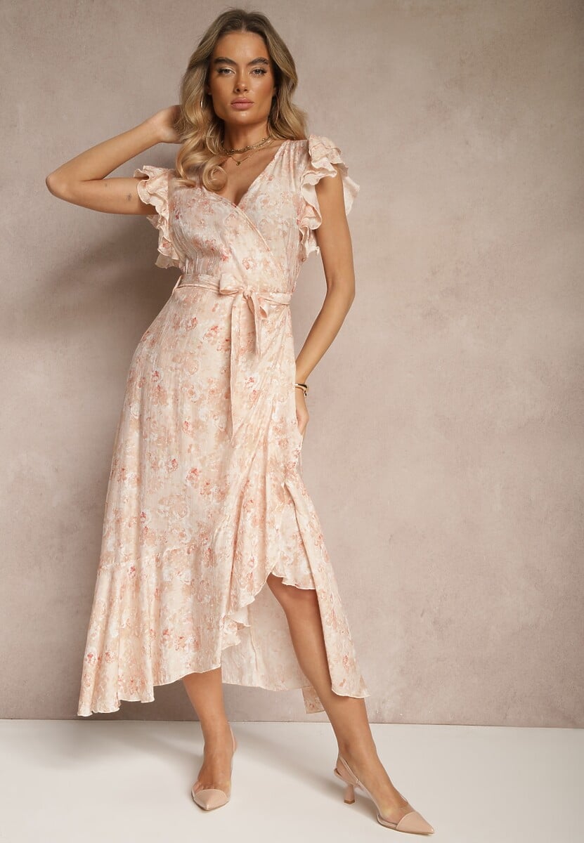 Niebieska Asymetryczna Sukienka z Bawełny z Falbankami i Kwiatowym Printem Lommea