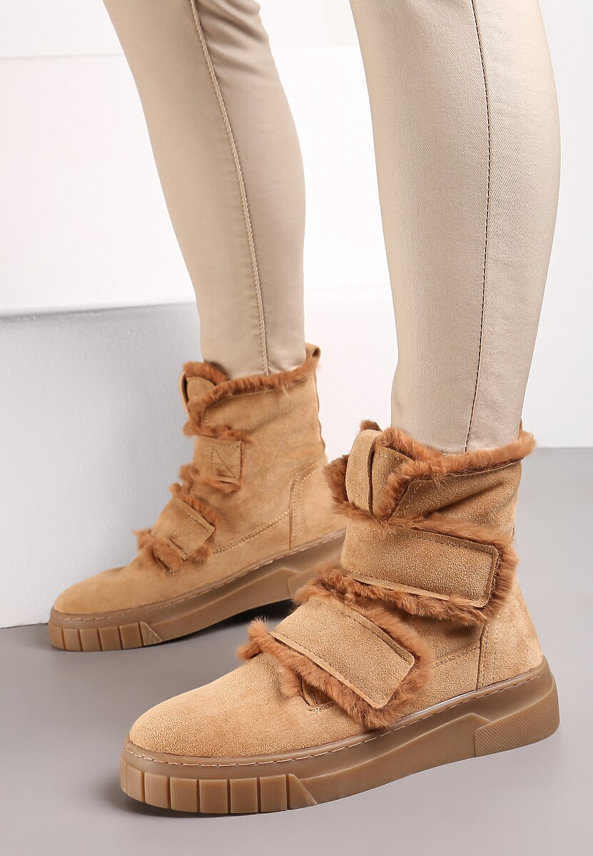 Brązowe Botki za Kostkę z Ozdobnym Futerkiem Eskara