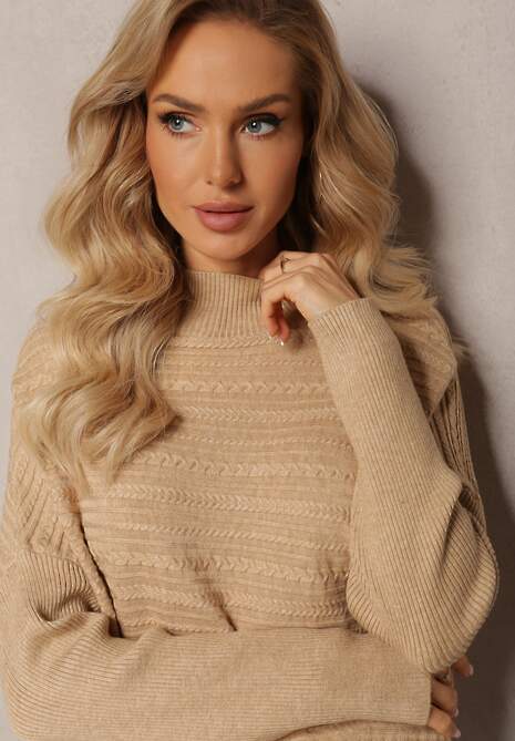 Jasnobeżowy Asymetryczny Sweter z Wełną Ozdobiony Tłoczeniem Aurorrsa