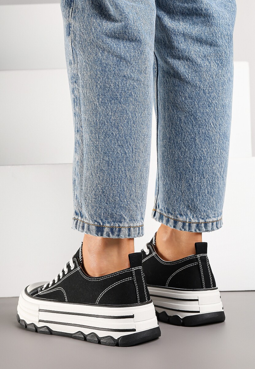 Czarne Trampki na Platformie z Paskami i Niską Cholewką Zienelle