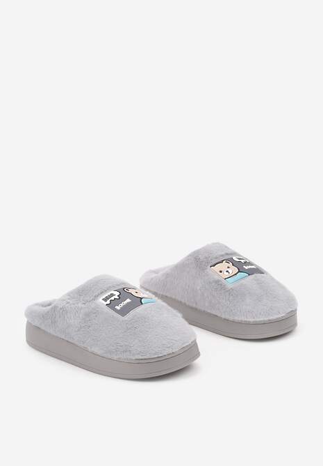 Szare Futrzane Kapcie Vices na Platformie Ozdobione Naszywką Deofra