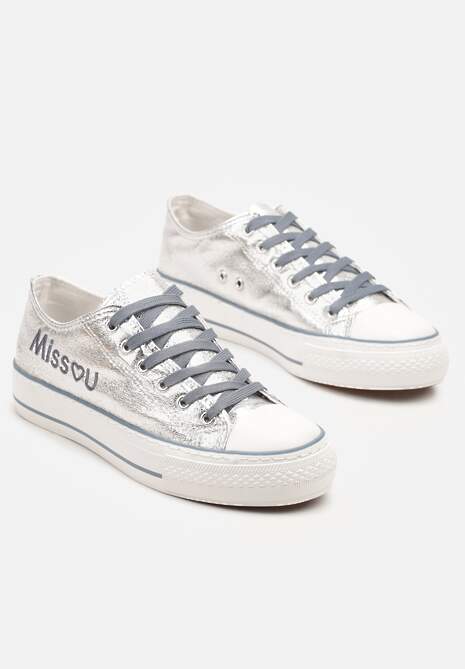 Srebrno-Niebieskie Brokatowe Trampki z Napisem i Niską Cholewką Borlevi