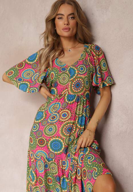 Fuksjowo-Zielona Wiskozowa Sukienka Maxi w Kwiaty z Rozkloszowanym Dołem i Falbanką Pathna