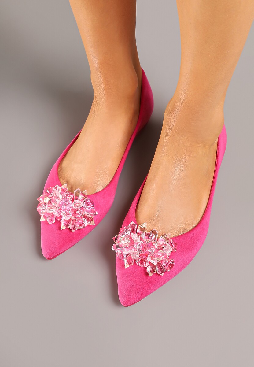 Fuksjowe Balerinki ze Skórzaną Wkładką Ozdobione Kryształkami Vevola
