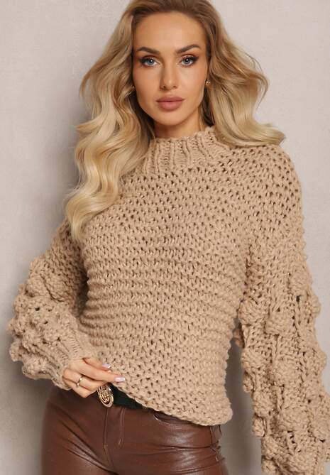 Beżowy Klasyczny Golf z Ozdobnym Splotem na Rękawach Biska