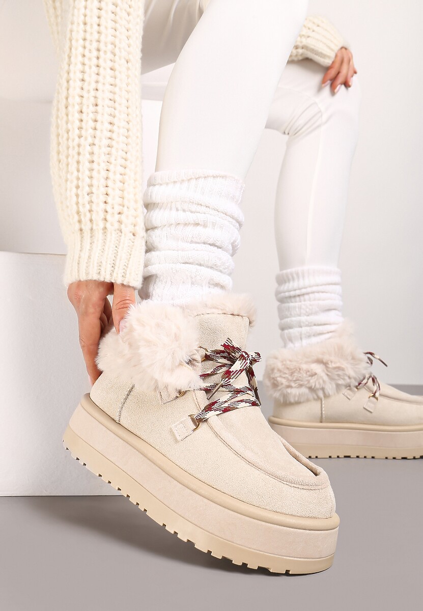 Czarne Sznurowane Śniegowce na Platformie Ocieplone Futerkiem Liatheine