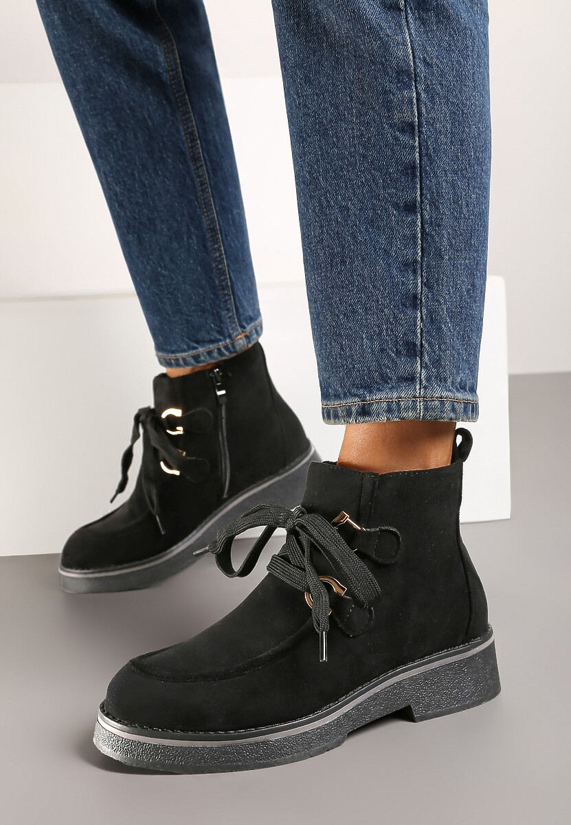 Czarne Ocieplane Płaskie Botki Ozdobione Sznurowaniem Resivara