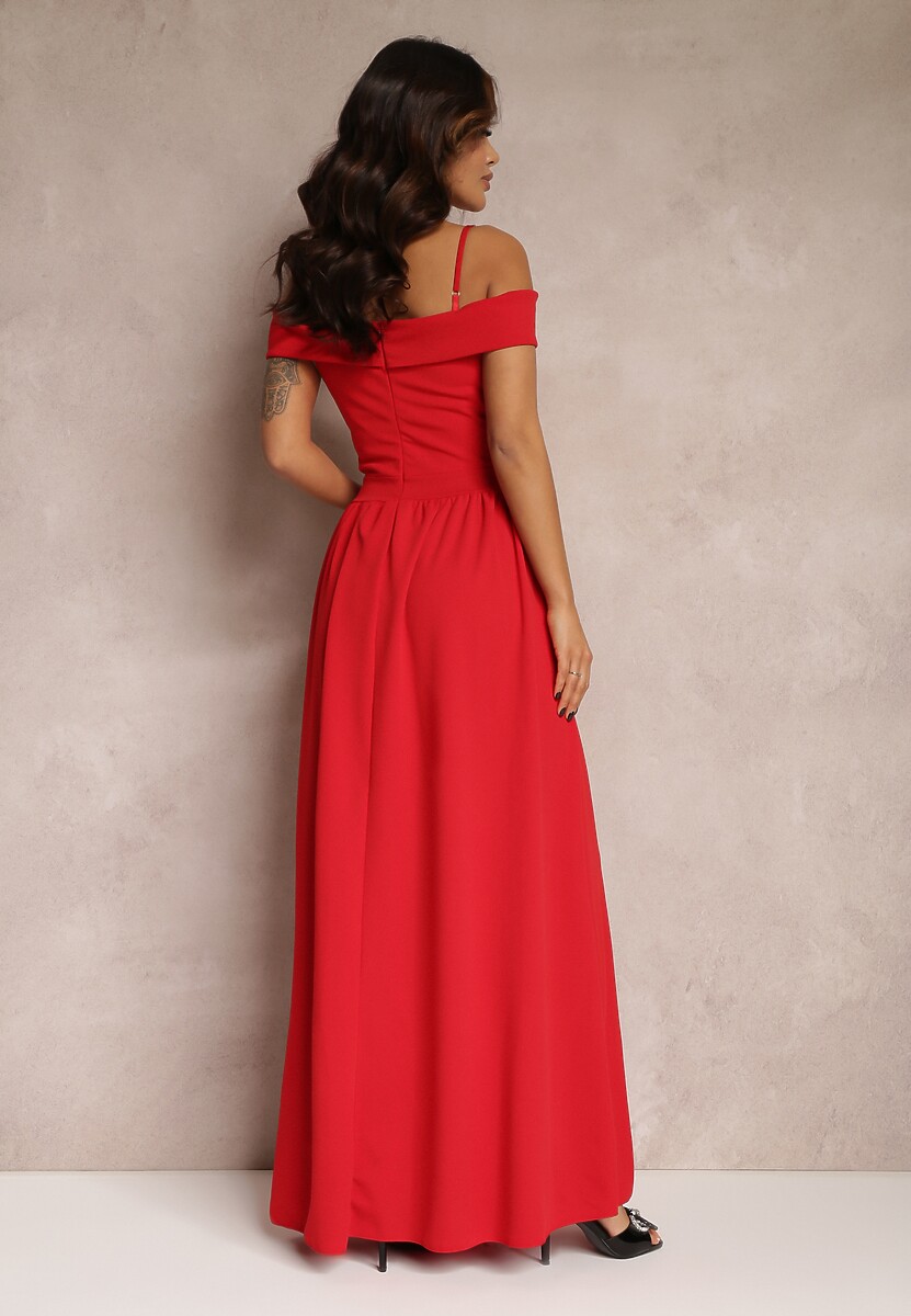 Czerwona Sukienka Koktajlowa z Głębokim Dekoltem Maxi Gelfe