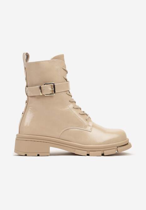 Beżowe Botki Workery na Słupku z Ozdobnym Paskiem i Klamrą Ansilia