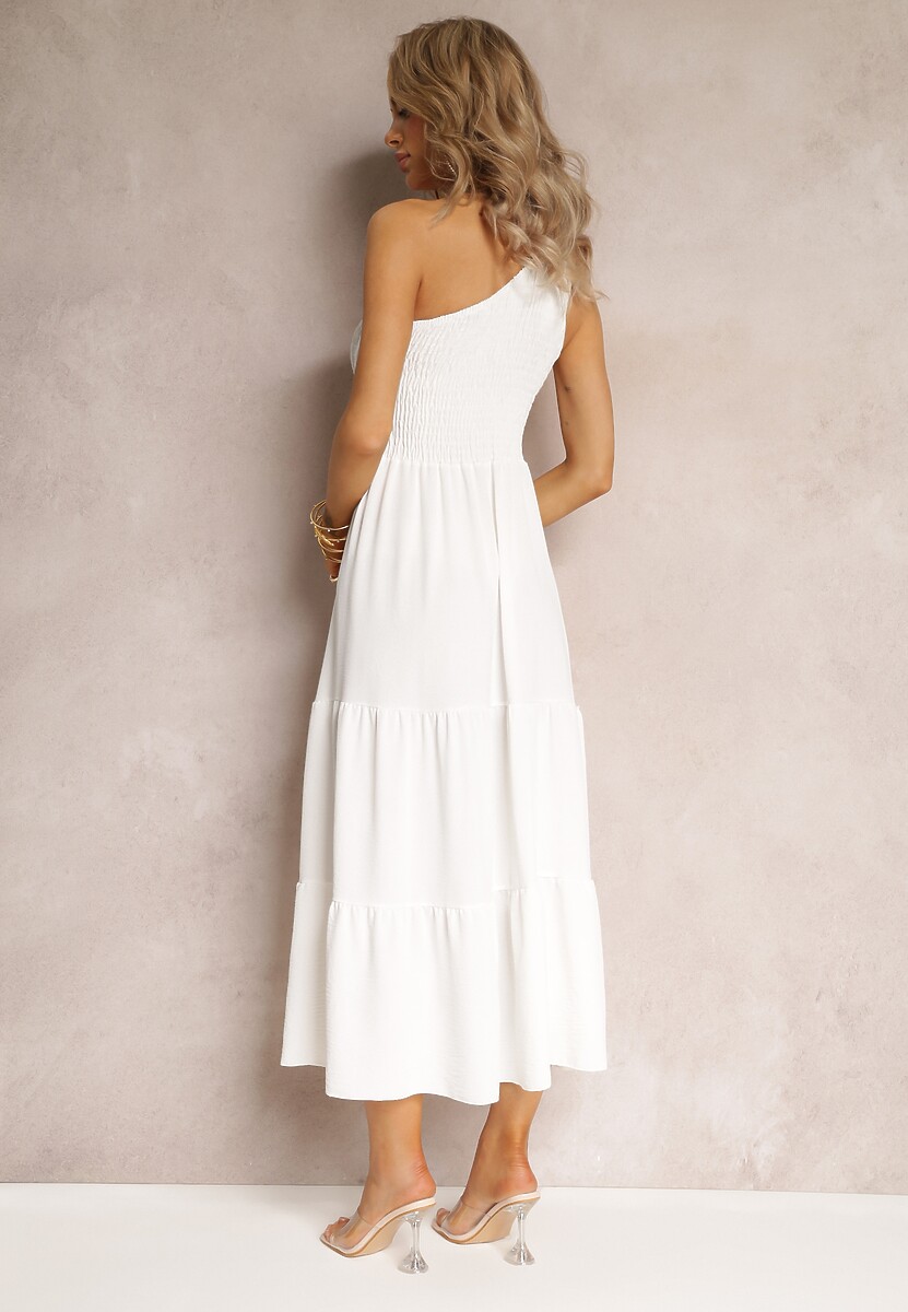 Biała Sukienka Maxi na Jedno Ramię o Rozkloszowanym Asymetrycznym Kroju z Falbanką Kalphus