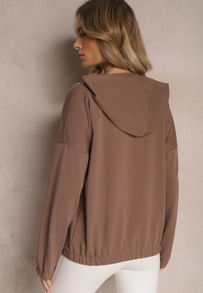 Brązowa Asymetryczna Bluza z Bawełny z Kapturem i Ozdobnym Suwakiem Lueur