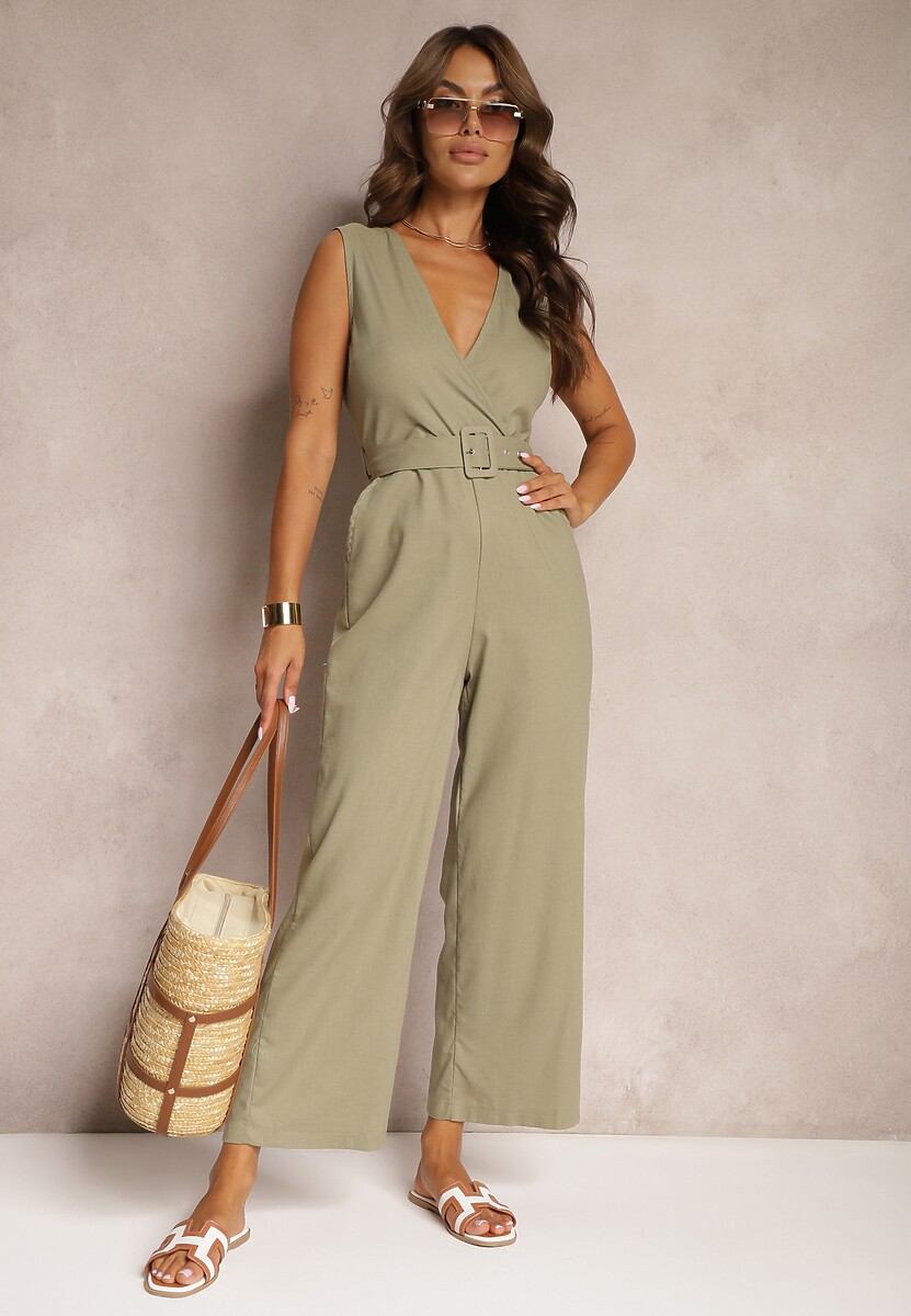 Ciemnozielony Bawełniany Kombinezon z Kopertowym Dekoltem Paskiem z Klamrą i Gumką w Talii Risalen