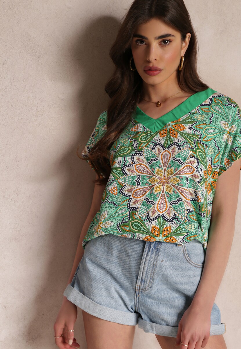 Zielona Wiskozowa Bluzka z Krótkimi Rękawami w Kwiatki Gamila