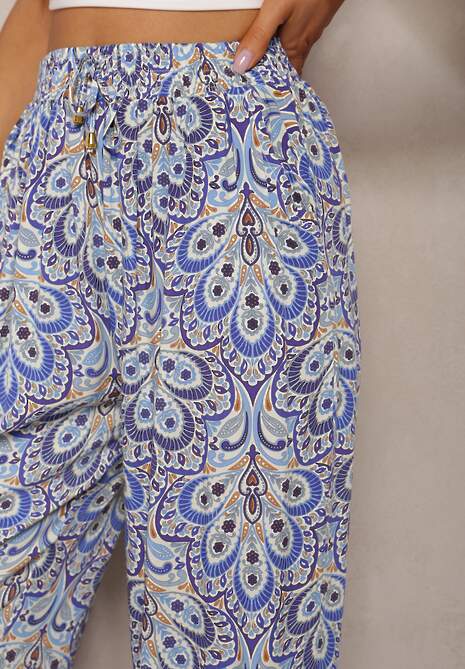 Niebieskie Boho Spodnie z Wiskozy High Waist z Szerokimi Nogawkami i Gumką w Pasie Walnena
