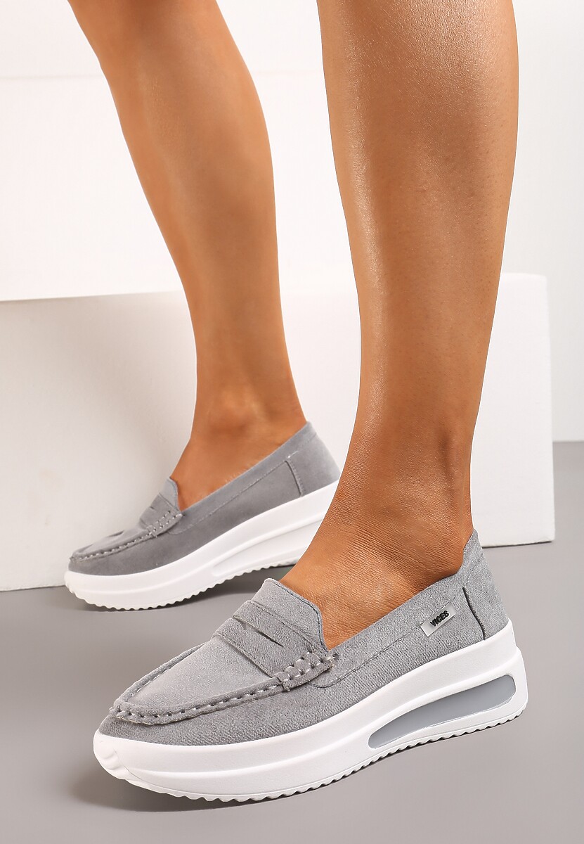 Szare Mokasyny z Ekozamszu na Platformie Ozdobione Paseczkiem Adrancia