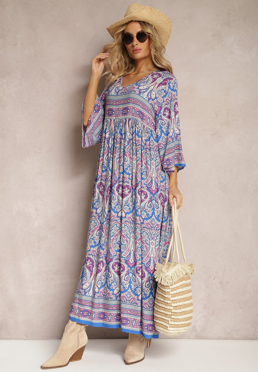 Niebiesko-Fioletowa Rozkloszowana Sukienka we Wzór Paisley z Rękawem 3/4 Briarwa