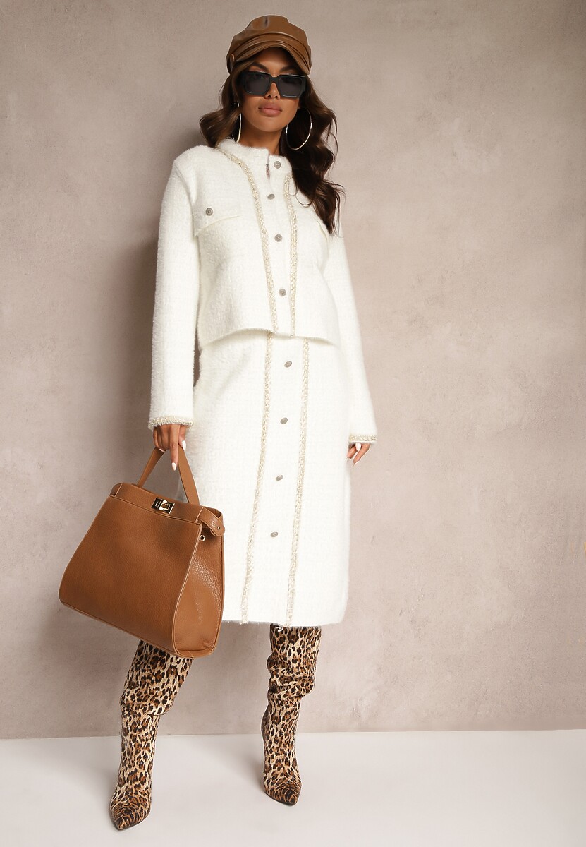 Beżowy Wiskozowy Komplet Retro z Dzianiny o Długom Włosiu Kardigan i Spódnica Sailine