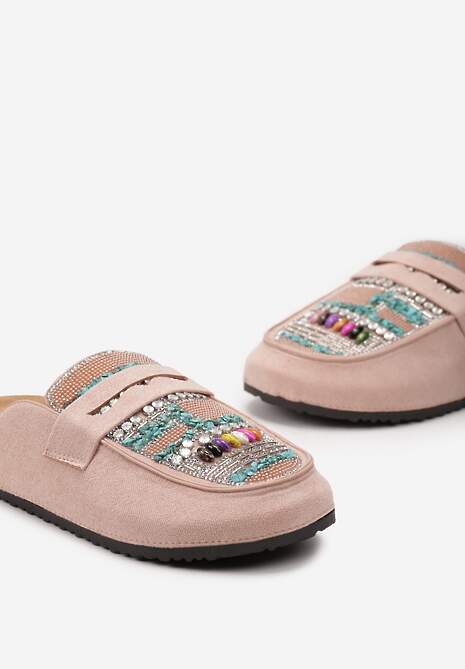 Różowe Klapki Mule z Koralikami na Zakrytym Nosku Aserhia