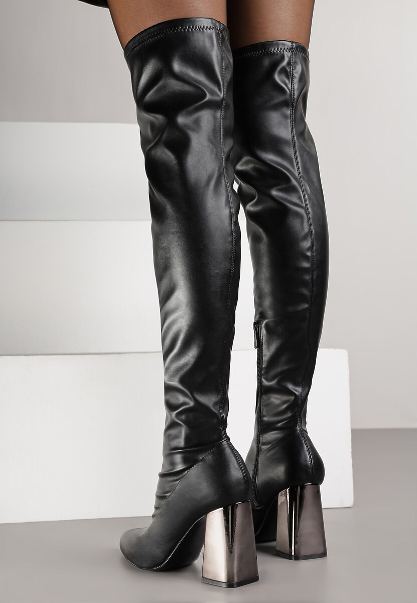 Czarne Eleganckie Kozaki Vices na Metalicznym Słupku z Dopasowaną Cholewką Nianesa