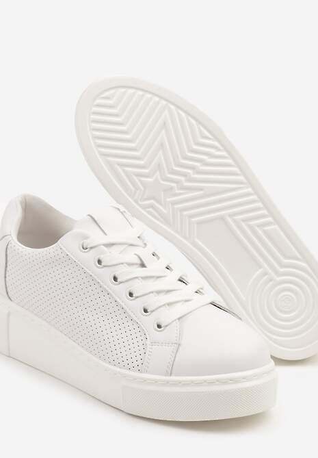 Białe Sneakersy Skórzane na Platformie z Ozdobą i Perforacją Neolivia