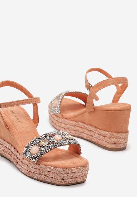 Pomarańczowe Sandały z Ekozamszu na Plecionym Koturnie Ozdobione Kamieniami i Cyrkoniami Riolette