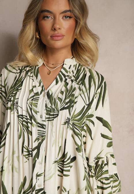 Zielona Rozkloszowana Sukienka z Wiskozy z Falbanami z Motywem Roślinnym Ridivaria