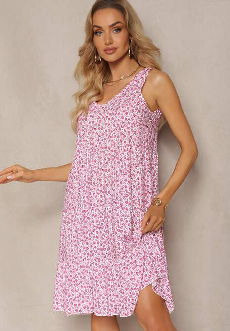 Różowa Kwiecista Sukienka z Bawełny na Szerokich Ramiączkach Rissaga