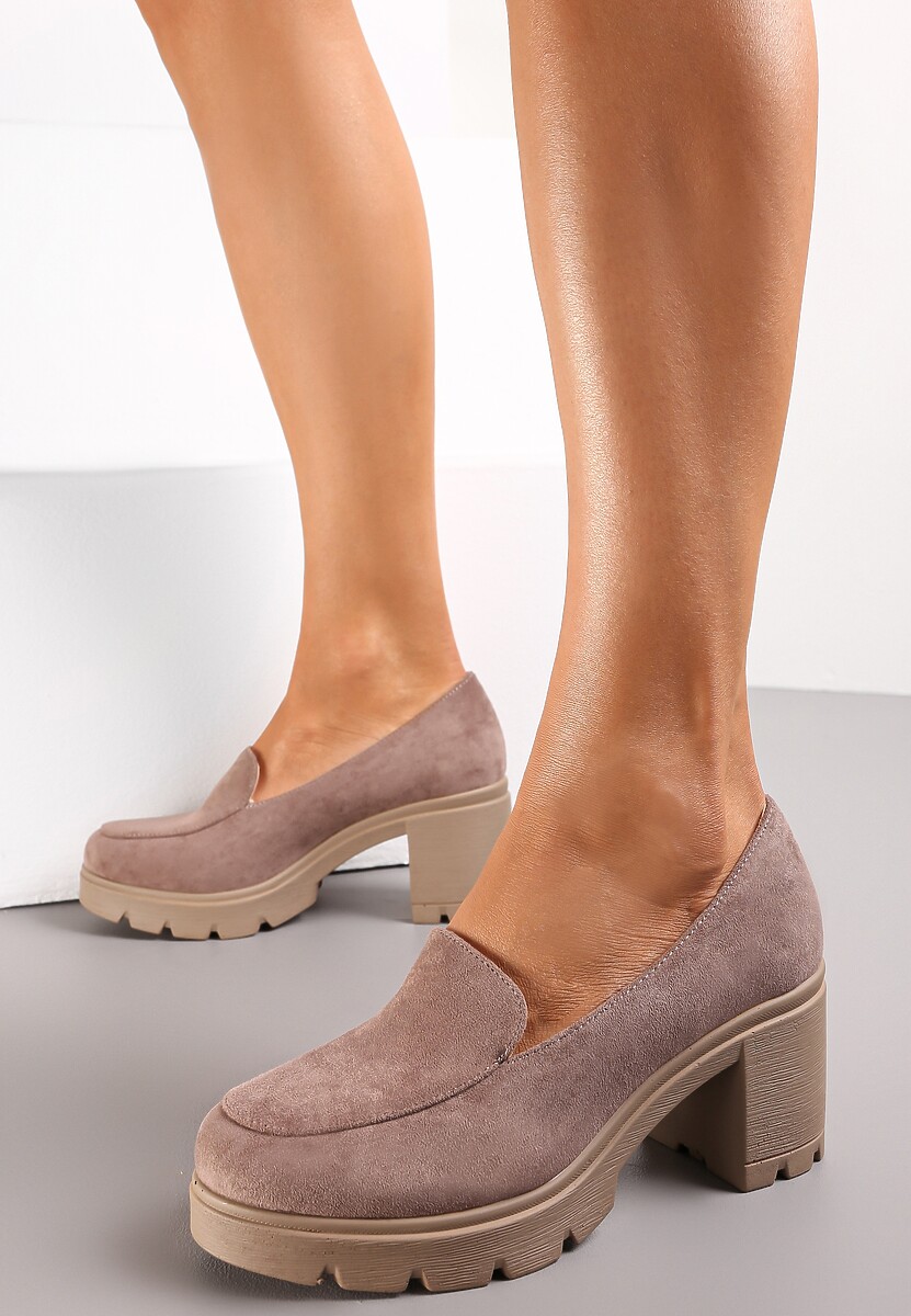 Ciemnobeżowe Półbuty na Obcasie z Niską Platformą i Skórzaną Wkładką Neona