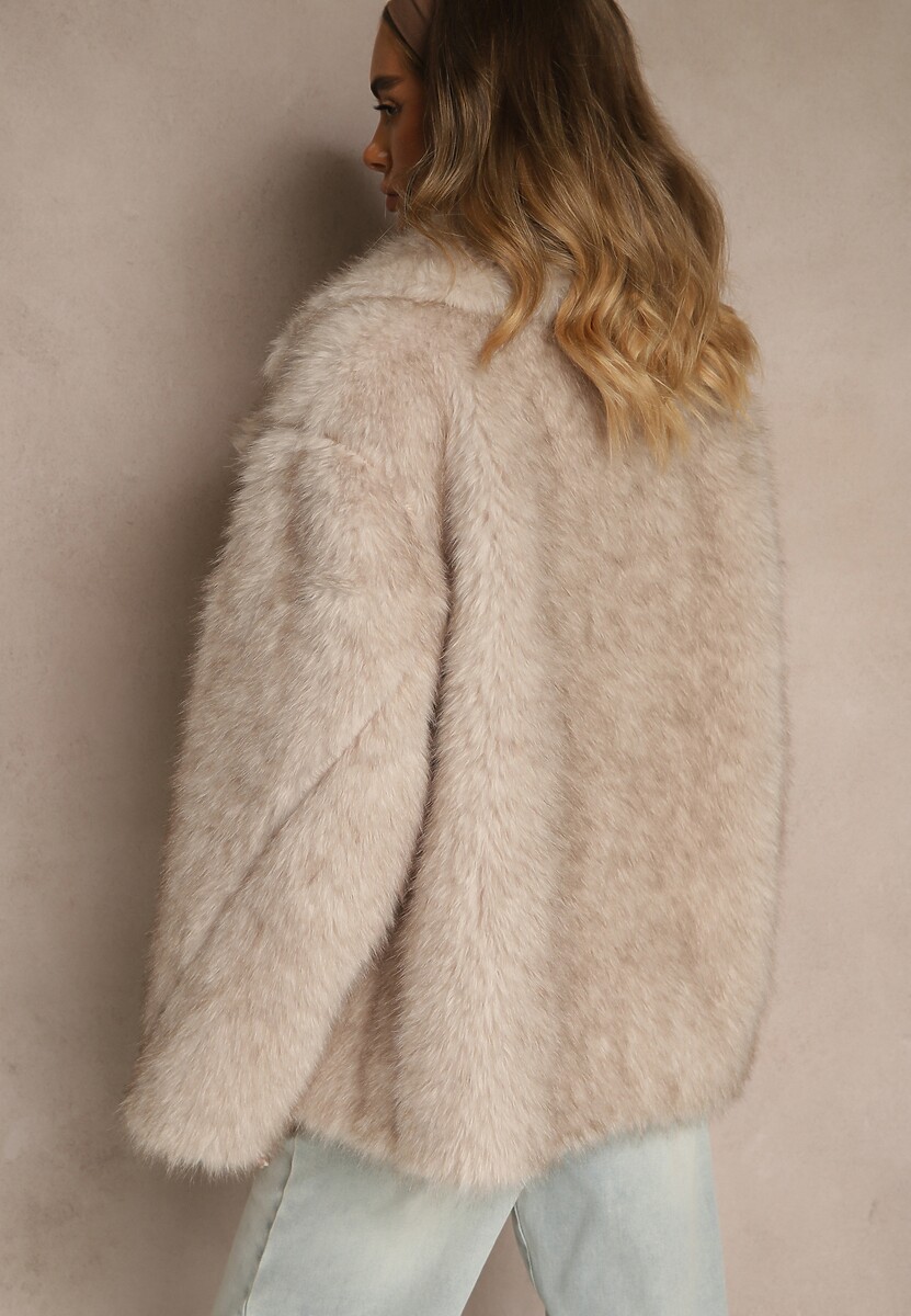 Beżowa Oversizowa Kurtka Futerko o Dwurzędowym Kroju Asonella