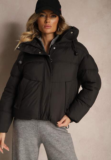Czarna Pikowana Kurtka z Kapturem ściągaczami i Troczkami Hedidra