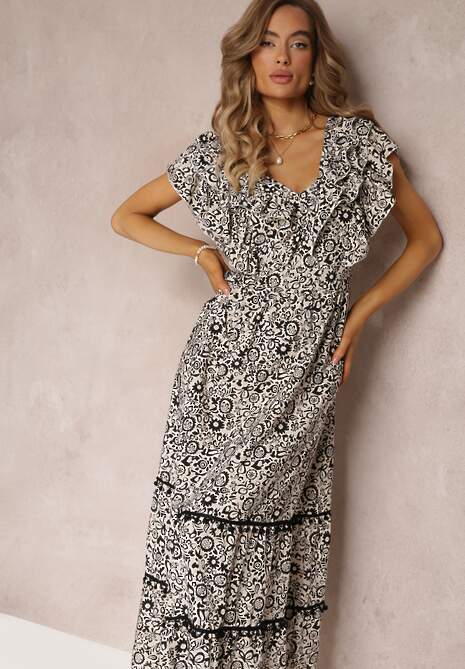 Czarno-Biała Wiskozowa Sukienka Maxi z Falbanką przy Dekolcie i Gumką w Pasie Lamimore