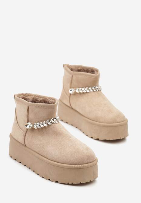 Ciemnobeżowe Śniegowce na Grubej Podeszwie z Ekozamszu Ozdobione Cyrkoniowym Łańcuszkiem Ninnalith