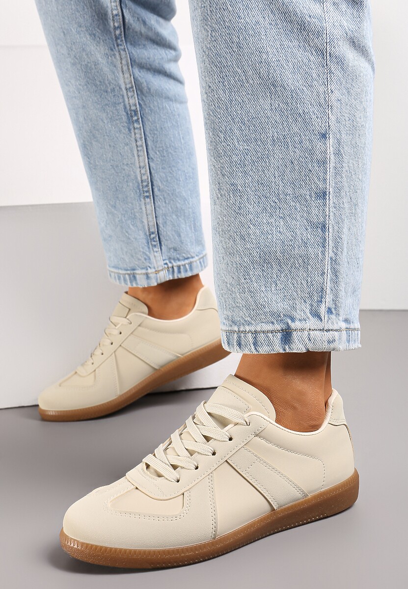 Beżowe Sznurowane Sneakersy z Imitacji Skóry na Płaskiej Podeszwie Glezoma